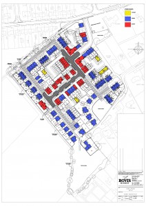 Red; 3 storey. Blue: 2 storey. Yellow: 1.5 storey.